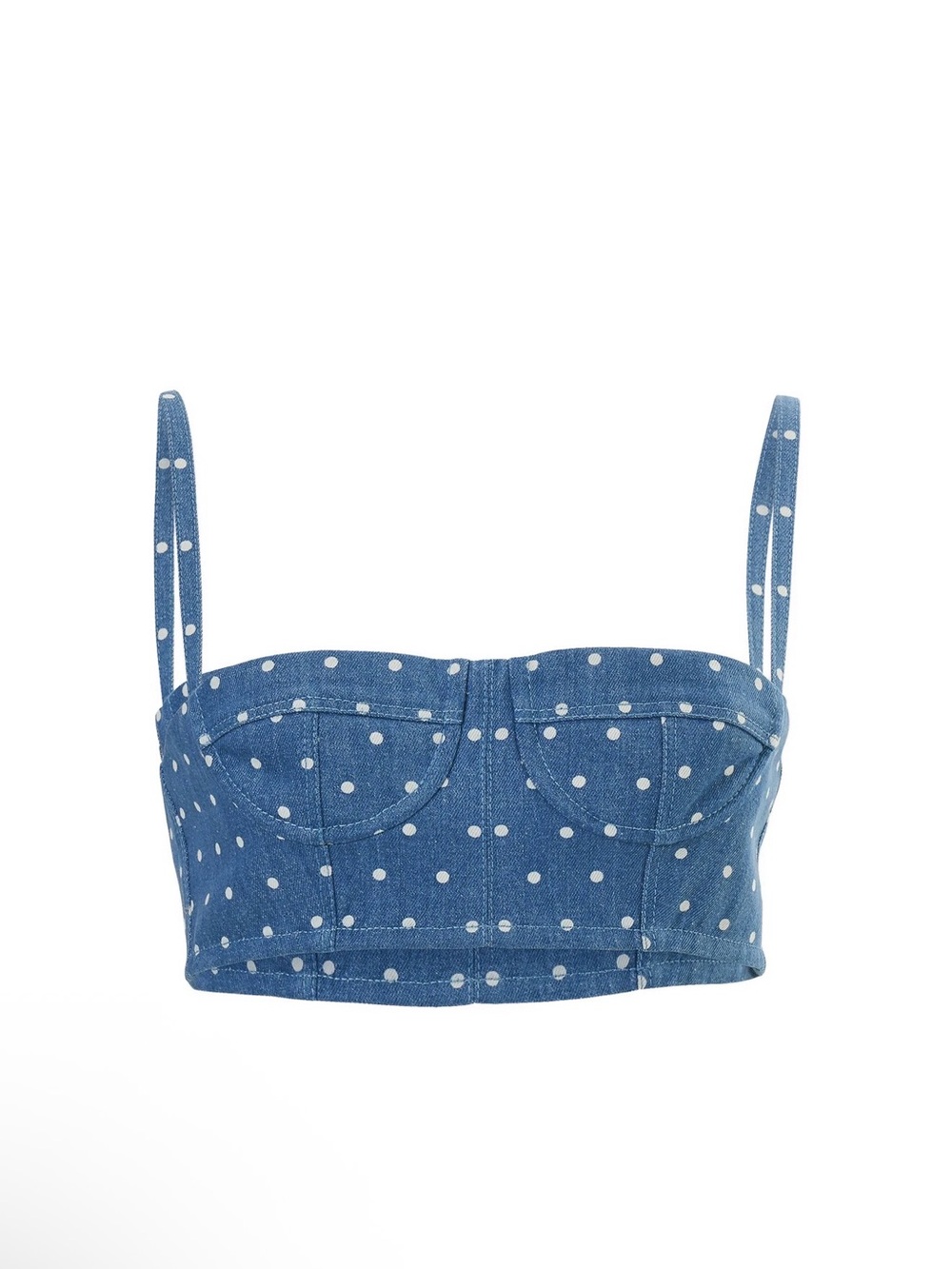 Carolina Herrera Blue White Polka Dot Denim Bustier Crop Top